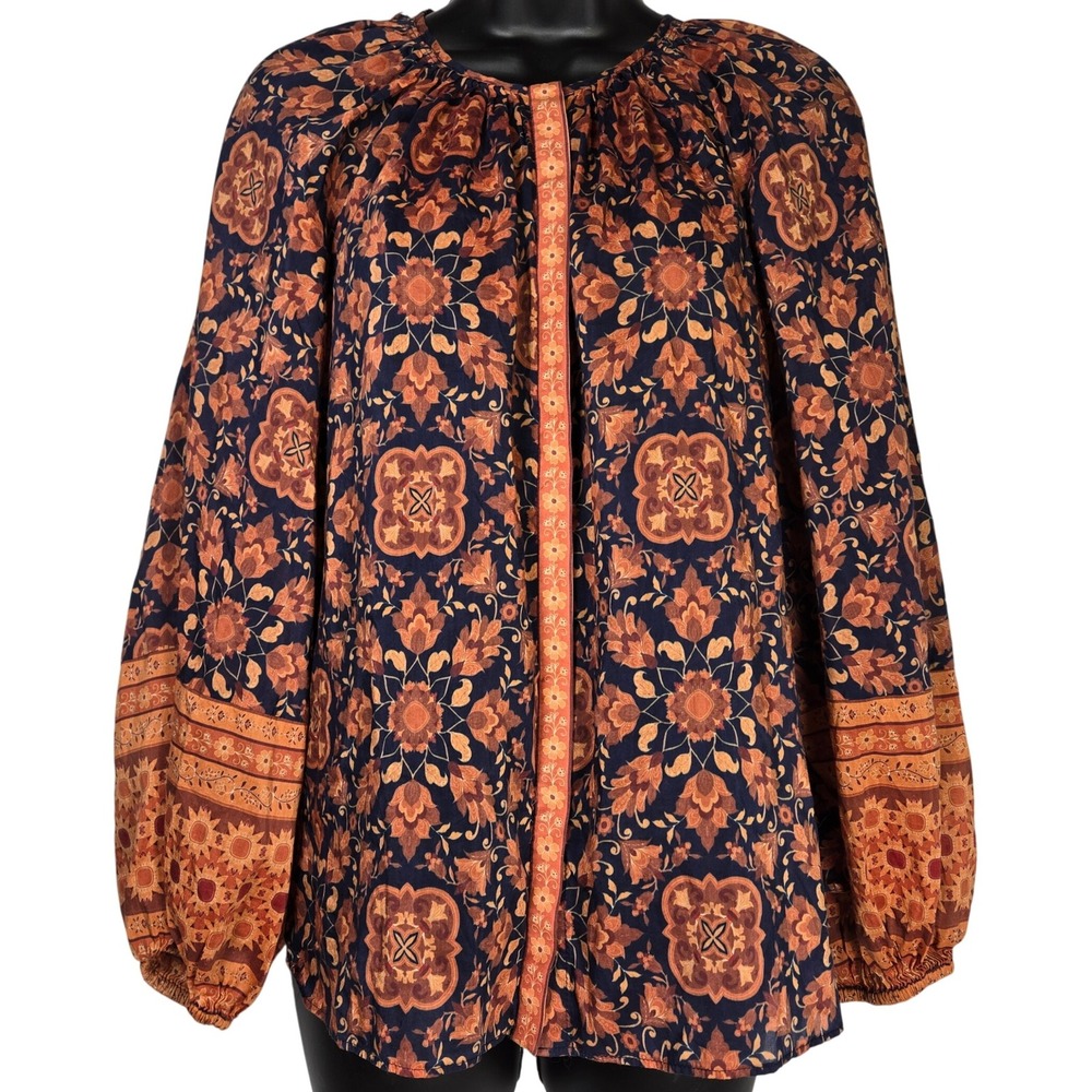Kobi Halperin Navy Orange Floral Print Silk Cotton Balloon Sleeve Blouse Top‎ S
